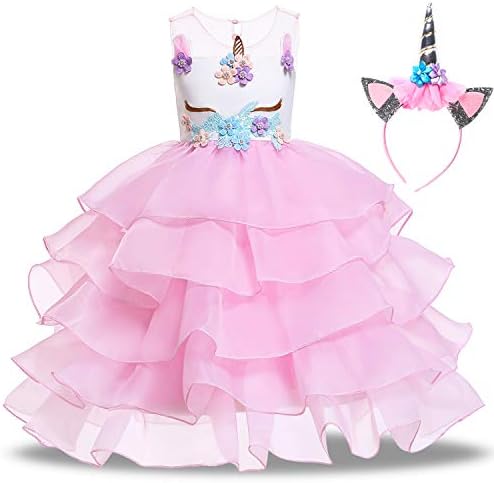 Toddler Girls Unicorn Dress Princess Tutu Rainbow Dress with Unicorn Headband Birthday Party Tulle Dress Age 3-12