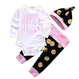 Baby Girls Mama's Mini Bodysuit and Polka Dots Pants Outffit with Hat+Headband(100(12-18M),Pink)