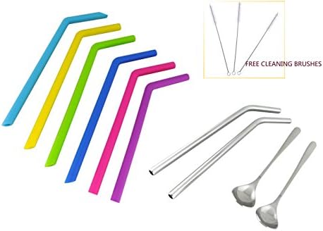 Reusable Straws Spoons Set: 6 Silicone Straws + 2 Stainless Steel straws for Tumbler/Dessert Extra Wide + 2 Extra Long handle Stainless Steel dessert spoons +3 Cleaning Brushes +storage bag BPA free