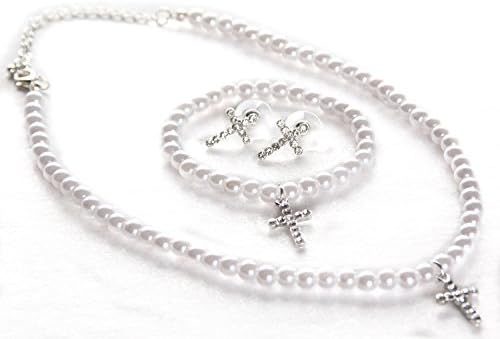 STStory USA Acrylic Pearl Jewelry Set [Necklace, Bracelet, Earrings][Cross/Silver] for Girls