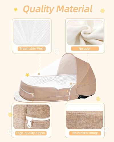 Baby Travel Cot with Mosquito Net and Awning, Foldable Baby Tent, Washable Crib Bionic Travel Bed Breathable Cradle Cot, Portable Baby Cot, Foldable Baby Cot with Mosquito Net (Brown)