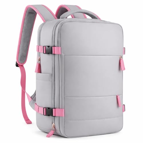 Mochila Viagem Avião Bagagem de mão Viral Impermeável Low Cost Bolsos Isolados P/Sapatos, Notebook, Molhados - Bordo, Cabine, Usb - Cor: Cinza Zíper Rosa