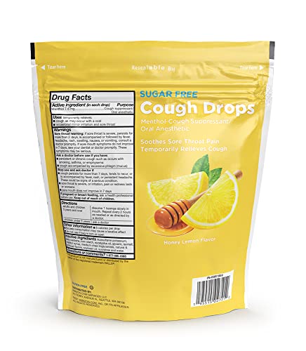 AMAZON BASIC CARE SUGAR FREE HONEY LEMON COUGH DROPS FOR SORE THROAT RELIEF, SOOTHES COUGH, 140 COUNT (COMPARE TO HALLS)