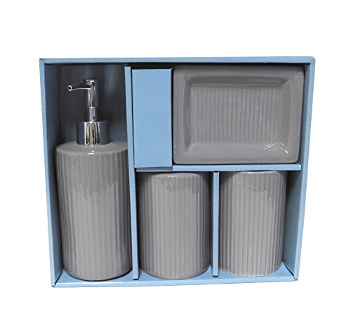 DINY Home & Style Designer 4-Piece Ceramic Bath Accessory Set | Includes Liquid Soap or Lotion Dispenser w/Toothbrush Holder, Tumbler, Soap Dish (Grey)
