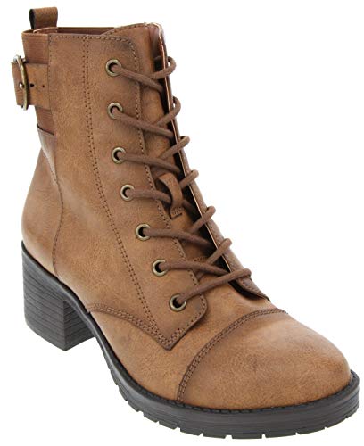 Sugar Women's Women's Kiki Block Heel Lace Up Low Shaft Ankle Combat Boot with O Ring Buckle Cognac w/Gore 6.5 - Thumbnail 4