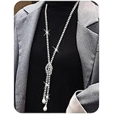 Wiwpar Silver Crystal Rhineston Knot Necklace for Women Long Peals Pendent Necklace Sweater Chain Statement Necklace Fashion Wedding Jewelry for Women Dressy Winter Evening Party (Style1)