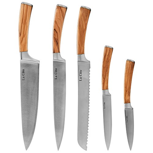 La Cote 5 Piece Chef Knives Set Japanese Stainless Steel Wood Handle Without Block (Rustic Series - Olive Wood)