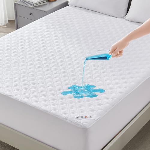 BEDLORE Double Mattress Protector Waterproof, Brushed Microfiber with Upgraded TPU Layer, Extra Deep Pocket Fitted Sheet Style, Hypoallergenic, Breathable, Noiseless (White)