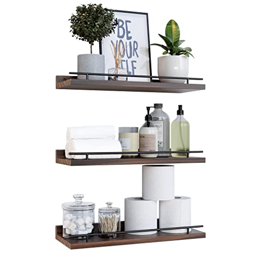 WOPITUES Floating Shelves with Black Metal Guardrail, Shelves for Wall Decor Set of 3, Wall Shelves for Bedroom, Bathroom, Kitchen, Living Room, Plants, Picture Frames, Art- Dark Brown