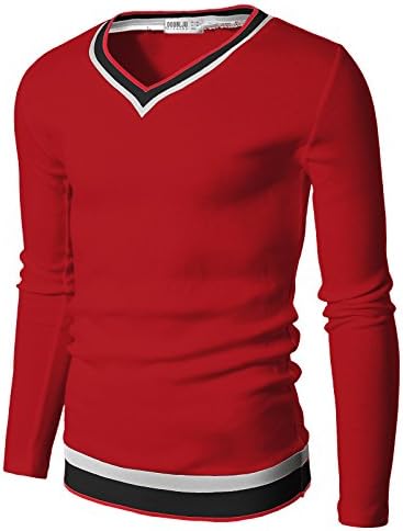Doublju Mens V-Neck Sweater Pull-over with Tipping