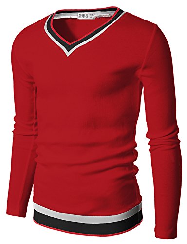 Doublju Mens V-Neck Sweater Pull-over with Tipping