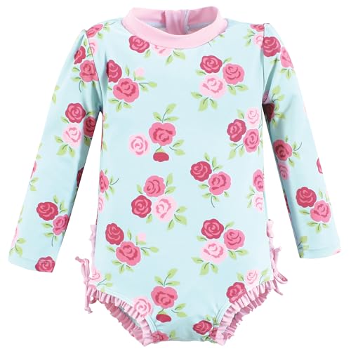 Hudson Baby Girls Rashguard Baby and Toddler Swimsuit, Mint Pink Roses, 4T