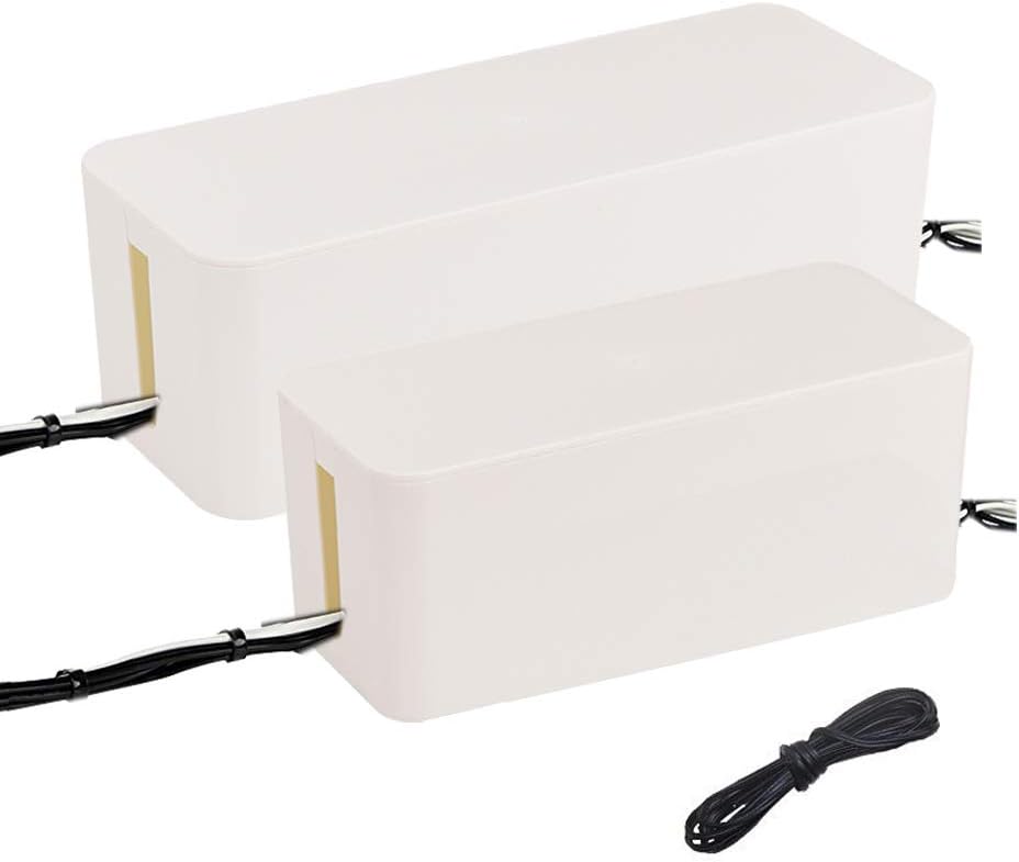 MEETWARM Cable Management Boxes Organizer, Large Storage Holder for Desk, TV, Computer, USB Hub, System to Cover and Hide Power Strips Cords, Set of 2 (White)