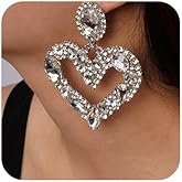 Missgrace Women Bohemian Dainty Silver Dangle Long Love Statement Earrings Trendy Unique Full Rhinestones Shiny Bar Disco Earrings for Women