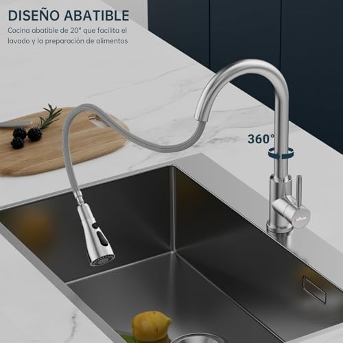 APPASO Mezclador de Fregadero 3 Modos, Grifos para Fregadero de Cocina, Moderno Grifo de Fregadero Monomando, Arco Alto para Cocina, Caravanas, Lavandería y Exteriores, Níquel Cepillado