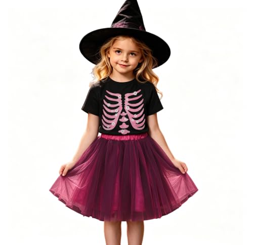 Toddler Girls Halloween Outfit, Pink Skeleton T‑Shirt and Tulle Skirt Set at Amazon