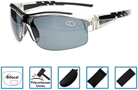 Gr8Sight Bifocal Tinted Reading Sunglasses Sun Readers Half Rimless Frame UV400 Protection Wraparound Designer Style Sports Glasses Men Women Clear Frame Grey Lens +2.0