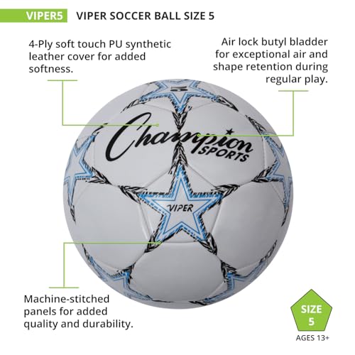 Champion Sports Viper Soccer Ball – Sizes 3, 4, 5 – Soft Touch TPU Cover, Durable Butyl Bladder, Youth & Adult Training Ball for Indoor & Outdoor Play, Multi-Color Design