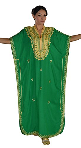 Moroccan Caftan Hand Made Top Quality Breathable Cotton with Gold Hand Embroidery Long Lenght Green