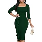 MarryUP Womens Work Dresses Elegant Square Neck 3/4 Sleeve High Waist Bodycon Ruffle Vintage Church Pencil Midi Dress