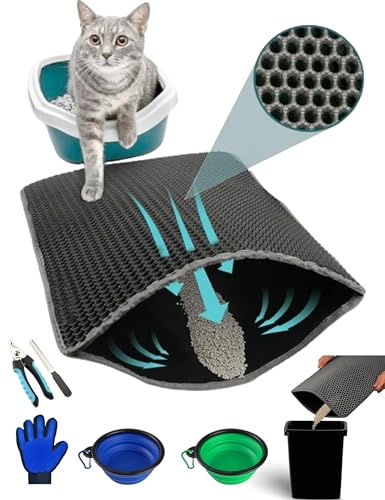 猫砂マット ラージサイズ 猫トイレマット 猫砂 飛び散り防止 猫 トイレ マット 60*45 CM / 75x55 CM / 90x60 CM 猫用トイレに最適 猫砂 マット シワ取り ／ 滑り止め/簡単クリーニング の グレー 猫 トイレマット - Wayfurr