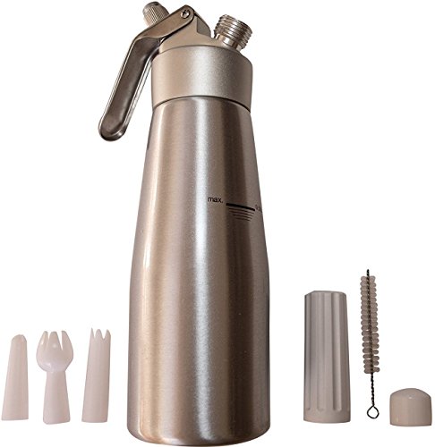 Top Rated Whipped Cream Maker Dispenser â€“ Aluminum Whipper Siphon â€“ Whip Topping for Coffee, Chai, Hot Chocolate â€“ Includes 3 Whipping Tips and Cleaning Brush - Uses Nitrous Oxide N2O Charger Ca