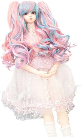 9-10 inch (22-24cm) 1/3 BJD/SD Doll Wig Lolita Mixed Gradient Color Long Curly Hair With 2 Long Spiral Curly Ponytail (Blond Pink Blue)
