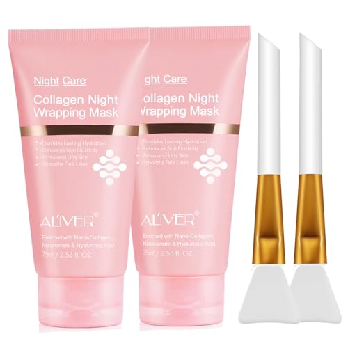 Collagen Night Wrapping Mask, 2 Packs Peel Off Face Mask with Jelly Brush, Jelly Masks for Facials Professional Korean Skin Care, Elasticity & Hydration Care Overnight Collagen Mask for Women