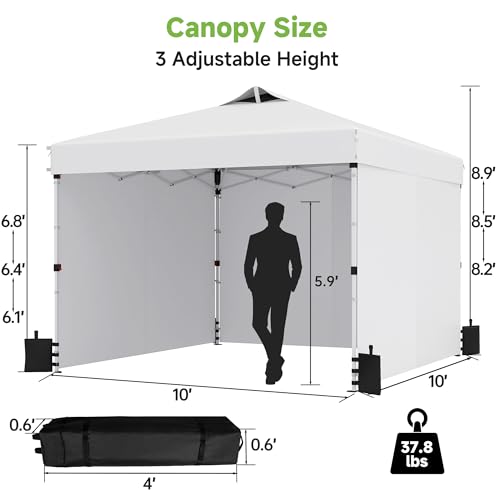 Real Relax 10x10ft Pop Up Portable Canopy Tent with 300D Silver-Coated Top, UV-Protective, Waterproof, Windproof, Instant and Easy Installation, with Three Sidewalls for Camping, Vendor Events, White