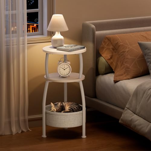 Yuede Round Side Table, 3 Tier Bedside Table, Small End Table with Fabric Basket, Coffee Table for Living Room, Bed Room, Small Space, Easy Assembly (White)