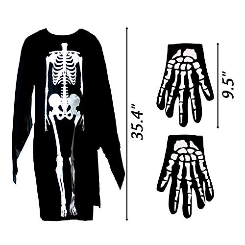 BigOtters Halloween Skeleton Costume, 2PCS Ghost Bones Horror Costume and Skeleton Gloves for Boys Girls Cosplay Child Favor Halloween Dress up Dance Party Black