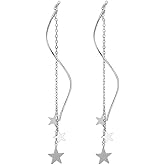 SLUYNZ Sterling Silver Stars Dangle Earrings Chain for Women Teen Girls Curve Stars Dangle Earrings Long Threader