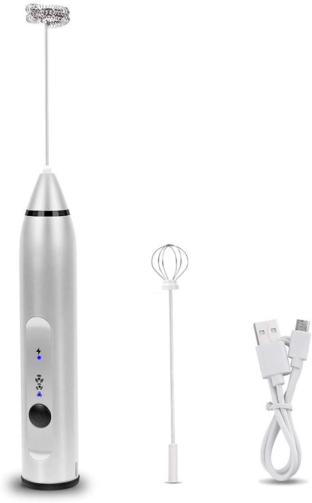 Gelentea Milk Frother Hand-held Electric Whisk Rechargeable Electric Frother, USB Charging Egg Beater Milk Frother Drink Mixer for Coffee, Latte, Cappuccino, Hot Chocolate (Silver)