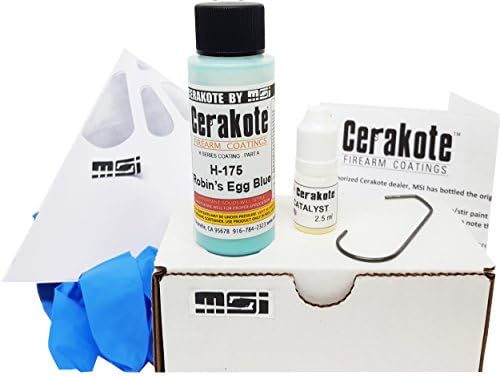Robin's Egg Blue H-175 Oven Cure, MSI Ceramic Firearm Paint Bundle, includes 7 items: 45ml Ceramic Paint, Catalyst, Strainer, Gloves, Hanging hook, instructions and link to MSI instructional video.