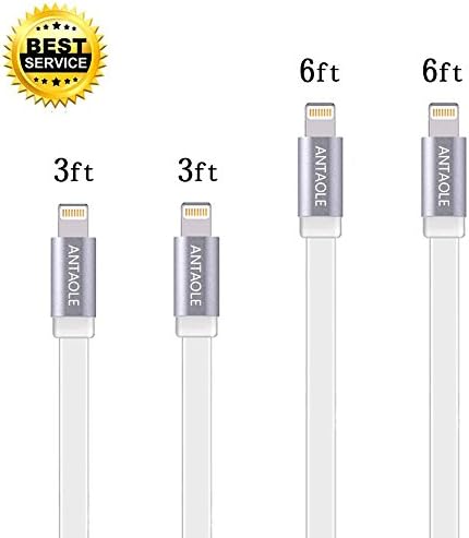 Lightning Cable, ANTAOLE 4Pack (6ftx2 3ftx2) Flat Cables Lightning to USB Syncing and Charging Cable Cord Fully Compatible with iPhone 7/7 Plus/ 6/ 6 Plus/ 6s/ 6s Plus /5/5s/SE iPad/iPod (White)