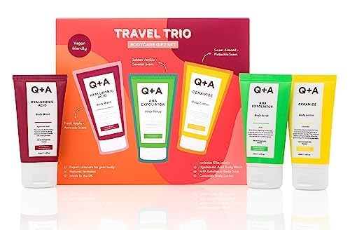 Q+A Travel Trio Body Care Giftset, containing a Hyaluronic Acid Body Wash, AHA Exfoliator Body Scrub, and a Ceramide Body Lotion, each item 50ml — image 1