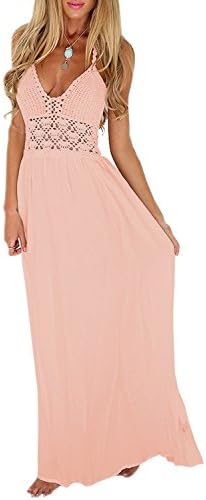HIYIYEZI Women's Beach Crochet Backless Bohemian Halter Maxi Long Dress