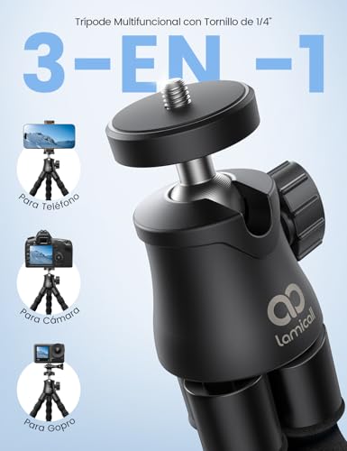 Lamicall Tripie para Celular - [130 g Ultraligero] Selfie Stick para iPhone con Control Remoto, 360° Girando Phone Tripod, con Tornillo de 1/4'' y Zapata Fría para iPhone, GoPro, Cámara, Pocket 3/4