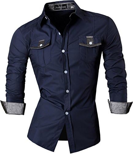 jeansian Men's Slim Fit Long Sleeves Casual Shirts Z022 Navy M