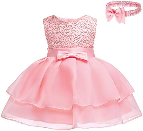 Toddler Baby Girls Embroidered Christing Pageant Birthday Party Baptismal Dress with Headband