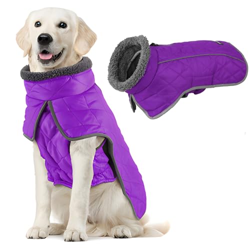 Fragralley Dog Coat Large, Waterproof Dog Jacket with Warm Fleece Lining, Adjustable Reflective Dogs Winter Coat, Turtleneck Pet Coats for Cold Weather (Purple XL)