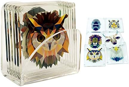 Idea Design - Acrylic 3.5 Inches Assorted Coasters: Owl, Eagle, Lion, Gorilla, Buffalo and Tiger - Safari Animals with Clear Acrylic Stand (Set of 6)