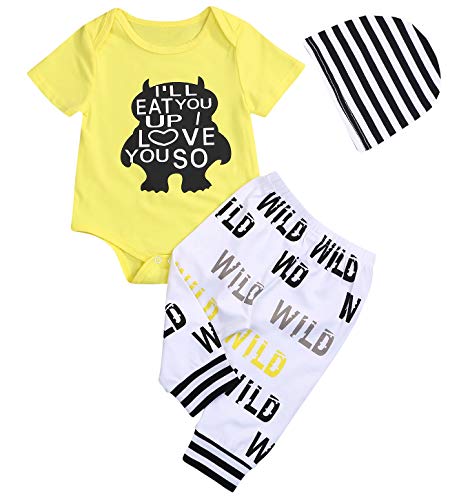 Newborn Baby Boy Wild Monster Cartoon Letter Jumpsuit Tops Pants Clothes Set
