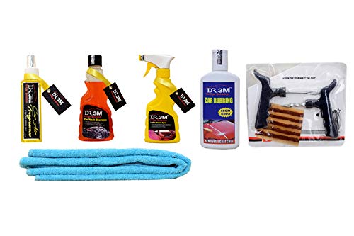 DR3M LBLRR774-CAR AIR FRAGNANCE Fresh 200mL.+CAR WASH Shampoo 250ml.+Leather Spray Polish 250ml.+CAR RUBBING 200gm.(60gm Extra).+ CAR Microfiber Cloth Sky Blue. + Panchar kit (Master Combo Pack)