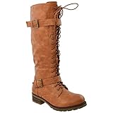 Womens Knee High Boots Lace Up Combat Buckle Straps Low Heels Shoes GY-WB-466