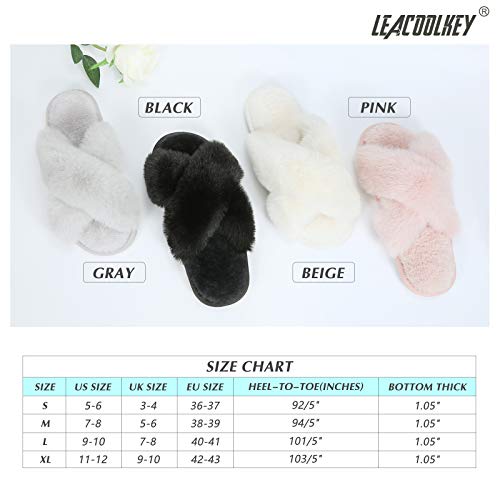 LEACOOLKEY Women Cross Band Slippers, Soft Plush Fleece Slippers,Cushioned Memory Foam Furry Cozy Open Toe House Shoes, Indoor Outdoor Faux Rabbit Fur Comfy Slippers