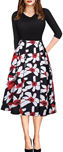Destinas Women's V Neck Pocket Vintage Floral Flare Swing Cocktail Party Tea Dress Black