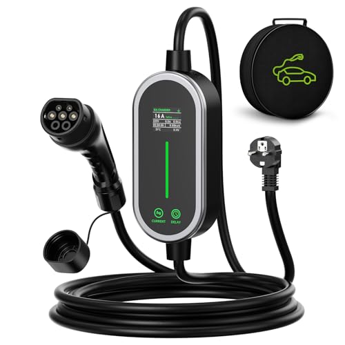 AUFYEV Electric Car Charger 3.6kW 5m, 6-16A Electric Car Charging Cable, Portability Cable Type 2 with LED Display and Bag, Compatible with EV/PHEV IEC 62196-2