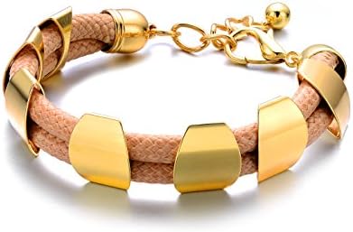 18k Gold Fashion Women’s Cuff Bracelet Curved Braided Khaki Tanned Leather |Designer Jewelry for Women’s