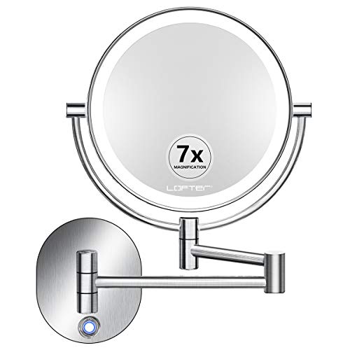 Makeup Mirror Wall Mounted, Rechargeable 1X/7X Magnifying Vanity Mirror with Lights, Dimmable